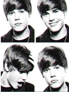 four pictures of a young man with different facial expressions and haircuts, all in black and white