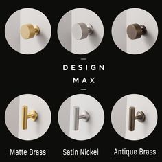 six different styles of handles and knobs on black background with text that reads design max