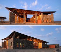 two pictures of a stone building in the desert