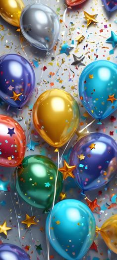 colorful balloons and confetti on a white background