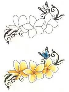 two flower tattoos with butterflies on the top and bottom one is yellow, the other has blue