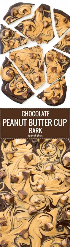 chocolate peanut butter cup bark is cut into squares