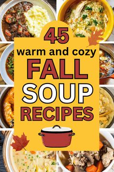 the cover of 45 warm and cozy fall soup recipes