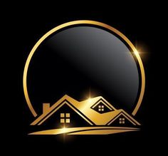 a black and gold logo with a house in the middle