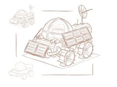 a drawing of an object with wheels and other objects around it on a white background