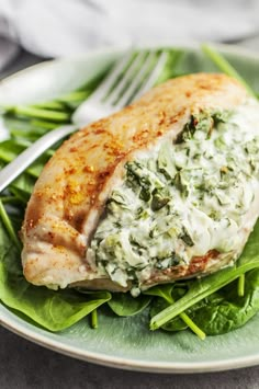 a close up of a plate of food with meat and spinach on the side