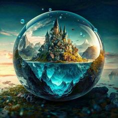 an image of a castle in a bubble with mountains and birds flying around it on the water