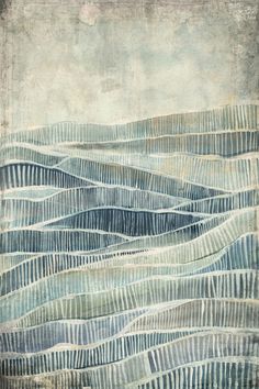 an abstract painting with wavy lines in blue and grey colors on a white background,