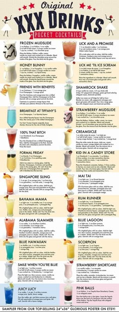 a poster with different types of drinks on it's sides and the words nyx drinks