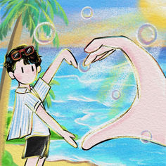 a drawing of a boy standing next to a pink flamingo in front of the ocean