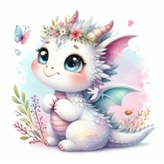 a cute little dragon with flowers on her head