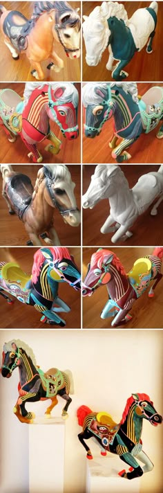 several different types of toy horses are shown in multiple pictures, including one horse and the other