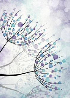 a painting of a purple and blue flower on a watercolor background with circles around it