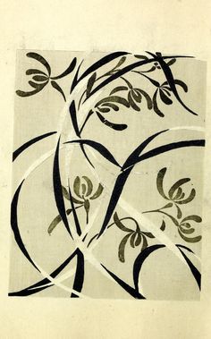 an abstract painting with black and white lines in the shape of leaves on a beige background