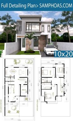 two story house plan with 3 bedroom and 2 bathrooms in the front, an open floor plan