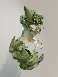 an arrangement of flowers and green leaves on a white background with shadow from the wall