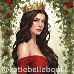 a painting of a woman in a red dress with a crown on her head and roses around her neck