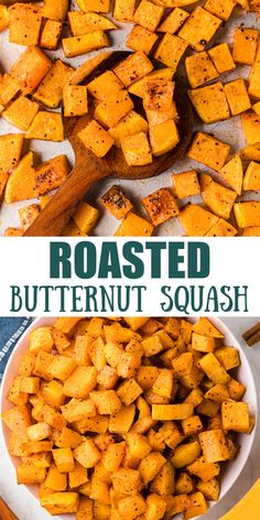 roasted butternut squash in a white bowl and on a plate with wooden spoons