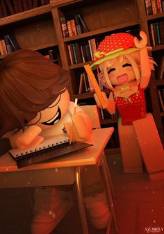 two cartoon characters sitting at a desk in front of bookshelves, one holding a pencil and the other writing