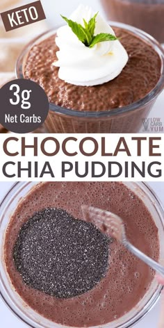 chocolate chia pudding with whipped cream on top