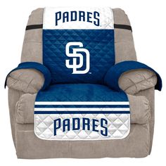 a blue and white chair with the word padres on it's back, sitting in front of a white background