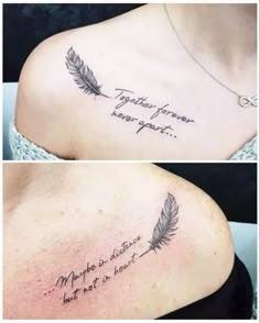 two different tattoos with words on the chest and one has a feather tattoo on it