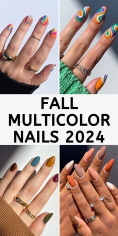 Fall Nail Colors Multicolor, Autumn Multicolor Nails, Short Almond Nails Color, 2024 Almond Nails, Short Nail Autumn, Almond Acrylic Nails Designs Fall, Nail Designs Fall 2024, Multicolor Fall Nails, Fall Multicolor Nails