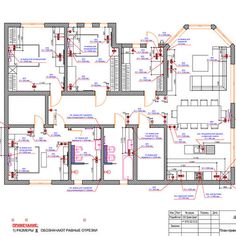 an architectural drawing shows the floor plan for a house with several rooms and two bathrooms