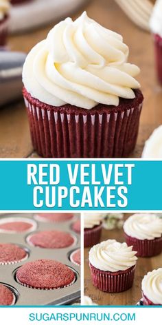 red velvet cupcakes with white frosting on top