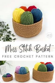 crochet basket with balls of yarn in it and text overlay that reads, moss stitch basket free crochet pattern