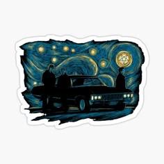 two people sitting on the hood of a car in front of a starry night