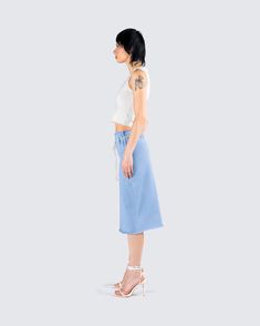 Simple, but chic 👏 Pairing an ivory sweater pattern top with a blue column midi denim skirt - this fit is the perfect casual everyday look to dress up or down 💙 Chic Denim Skirt For Spring, Chic White Denim Skirt For Work, Chic Knee-length Denim Skirt For Summer, Trendy Midi Length Denim Skirt, Trendy Midi-length Denim Skirt For Spring, Trendy Midi Denim Skirt For Spring, Chic Cotton Denim Skirt For Spring, Casual Midi Length Denim Blue Bottoms, Chic High Rise Denim Skirt For Spring