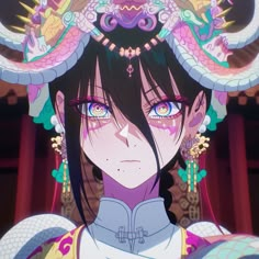 an anime character with blue eyes and dragon headdress in front of a building