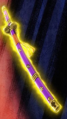 an artistic drawing of a purple and yellow light saber with paw prints on it's end