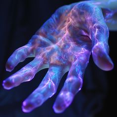 a person's hand with purple and blue lights on it