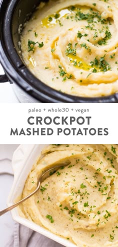 two images showing the different types of mashed potatoes in a crockpot with parsley on top