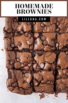 homemade brownies with chocolate chips on top and text overlay that reads homemade brownies