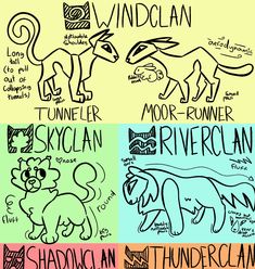 four different types of animals and their names in black, green, blue, yellow