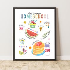 a poster with the words homeschool written in different languages, including pancakes and watermelon