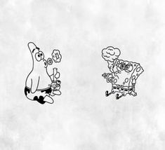 spongebob and patrick cartoon characters are depicted in black and white ink on paper