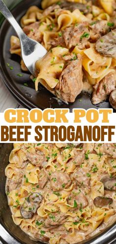 an image of crock pot beef stroganoni recipe in a skillet