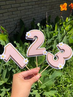 a hand holding two pink and white cake toppers with daisies on them in front of some flowers