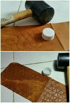 two pictures showing how to use leather with an object in the middle and on the bottom