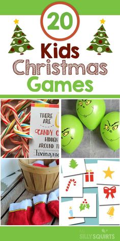 christmas games for kids to play in the holiday season with text overlay that reads 20 kids christmas games