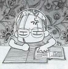 a drawing of a girl reading a book with glasses on her head and an open book in front of her