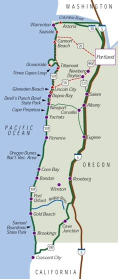 a map of the oregon coast with roads and major cities in each region, along with parks and recreation areas