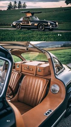 an old car with leather seats and luggage in the back is shown before and after it was restored