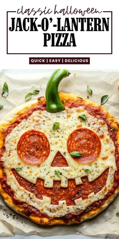 a homemade jack - o'lantern pizza with pepperoni and cheese on it is shown