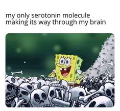 an image of spongebob in the middle of a group of skulls with caption that reads, my only sereton molleue making its way through my brain