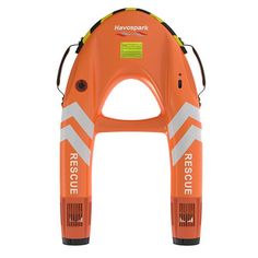 an inflatable life jacket is shown on the back of a white and orange life vest